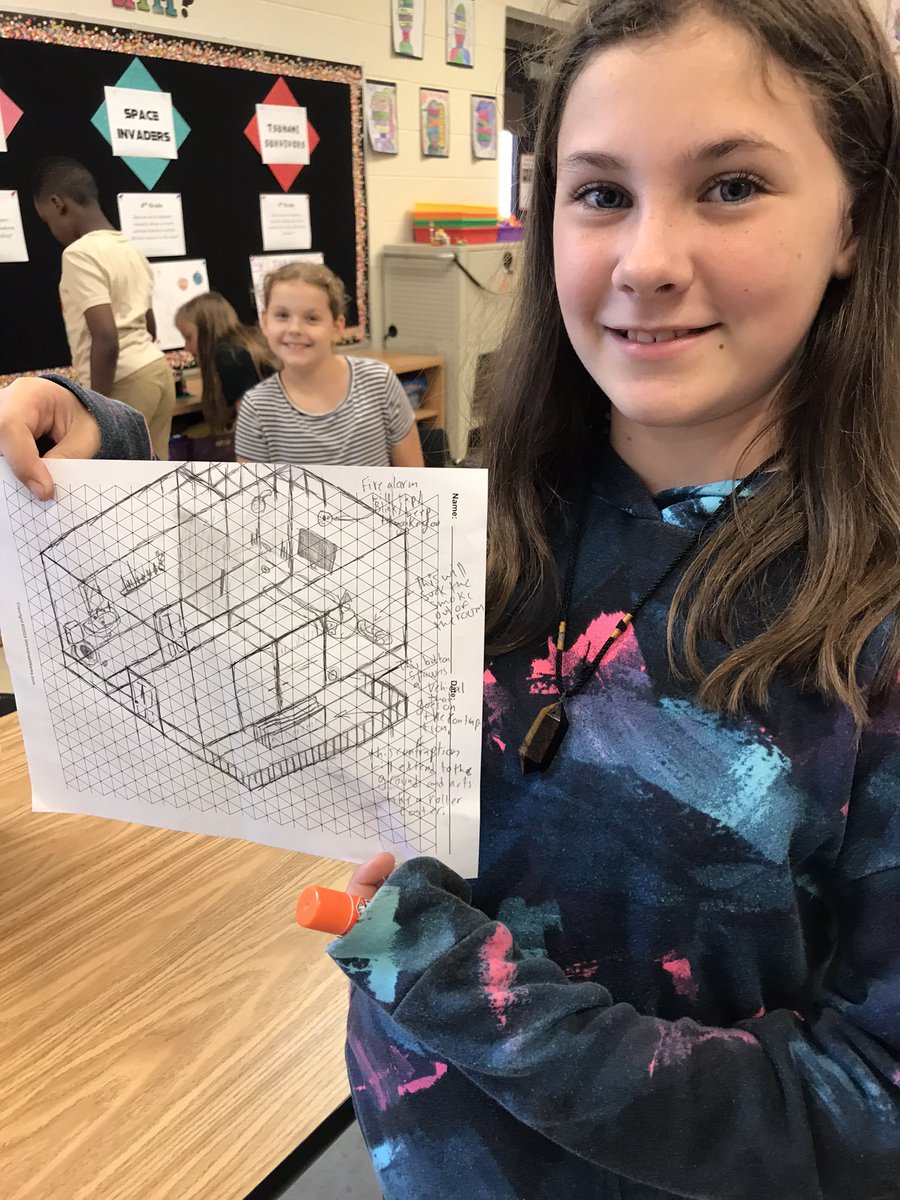 After reading about a hotel fire in our novel study, 5th grade AIMers reimagined a fire safe hotel room.  They used isometric drawings to show 3D volume of the space.  Future architects of the world <a href="/ClarkCreekSTEM/">Joey Moss</a> 🔨
