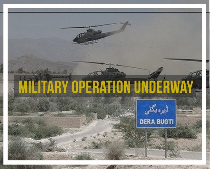 'Military operation in Dera Bugti intensifies on its 5th day, with an increased presence of gunship helicopters, vehicles, and 4 surveillance drones. #DeraBugti #MilitaryOperation