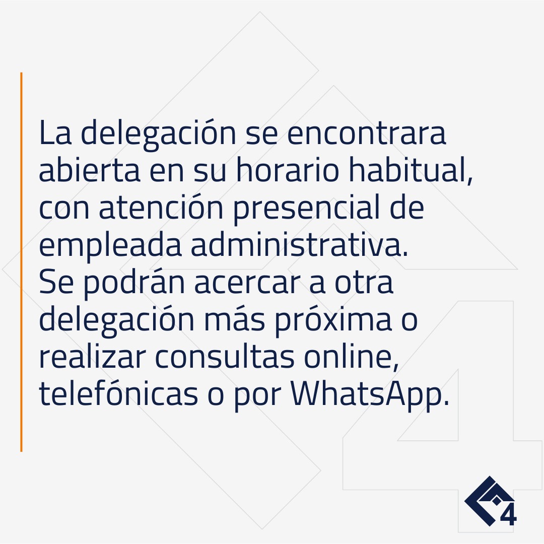 👉 DELEGACIÓN V. LÓPEZ sin atención de visador los días viernes 15 y 22 de septiembre.

La delegación se encontrará abierta en su horario habitual, con atención de empleados administrativos.

Se podrán acercar a otra delegación o realizar consultas online, tel  o  whatsapp