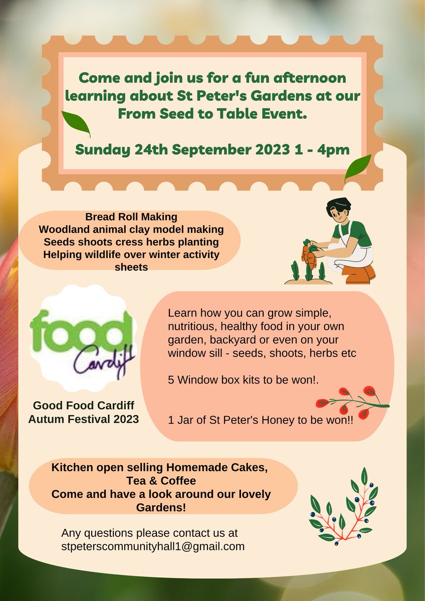 StPetersComm's tweet image. 🖐You are all very welcome to come and join us a week Sunday (24th September) for our &apos;Seed to Table&apos; event  in association with @goodfoodcardiff Autumn Festival 2023.

We hope the sun will be shining so you are able to enjoy the gardens too! 🌞 Free Entry.