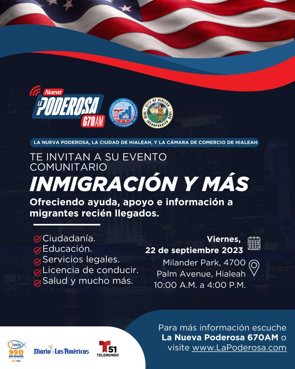 MDCPS Technical Colleges is honored to be a part of the forthcoming Community Event, co-hosted by La Nueva Poderosa, The City of Hialeah, and The Hialeah Chamber of Commerce. Mark your calendar for Friday, September 22!

#YourBestChoiceMDCPS