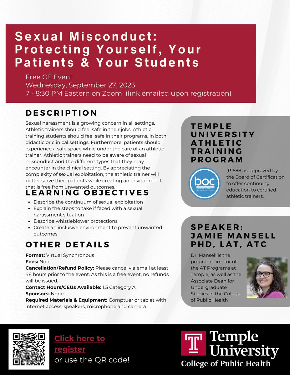 Hey ATs! Need CEs? There’s a free event on 9.27 at 7PM with @JamieMansellPhD on sexual misconduct prevention and recognition. Register at chpswtemple.co1.qualtrics.com/jfe/form/SV_0x…