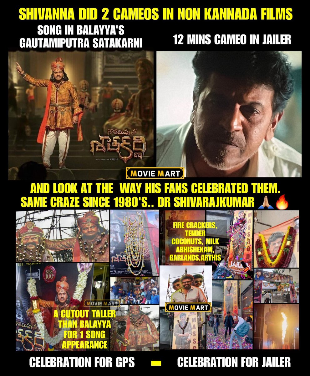 Cameo or a full fledged hero, #DrShivarajkumar fans have always celebrated him. This man's craze has always stayed constant since 1980's.. #Shivanna 🔥🔥🔥 #HatrickHero #CenturyStar #KarunadaChakravarthy #Shivarajkumar #Balakrishna #Jailer #Rajinikanth #JailerIndustryHit