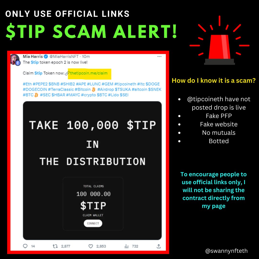 swandogs's tweet photo. 🚨🚨 SCAM ALERT🚨🚨

Time to be SUPER diligent. 

There are already MANY $tip scams out there, hitting the trending tweets.

ONLY get the website from the OFFICIAL @tipcoineth X account or TG. 

For this reason, I will NOT be sharing the contract or any links related to the official claim on my tweet.

#airdrop #token #tip #tipcoin #scam