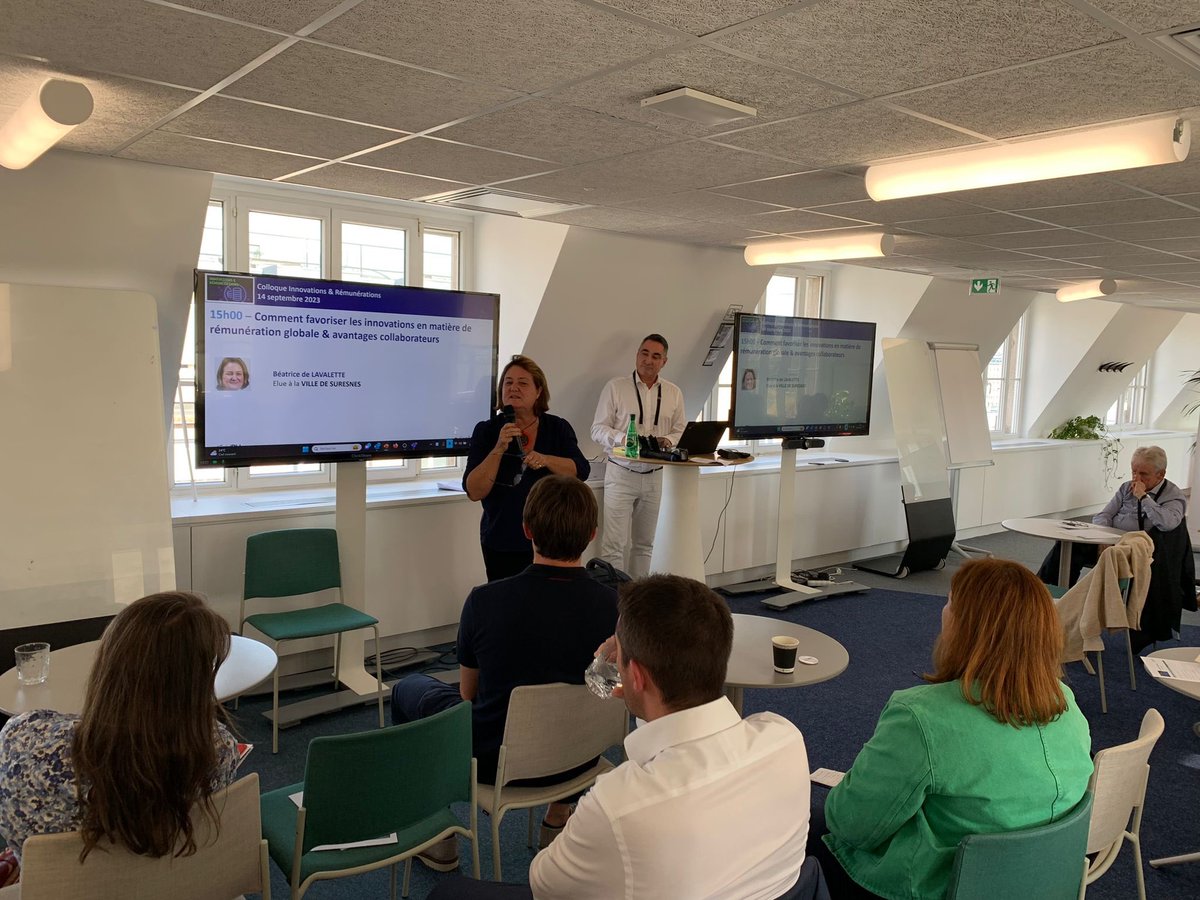 De_Lavalette_B's tweet photo. Au colloque de @Le_Club_DeciDRH sur les “innovations &amp; rémunérations’´ je présente aux DRH des accords QVT pionniers dans la FPT &amp; facteurs d’attractivité que j’ai mis en place à Suresnes,tels que la prime au mérite,l’accueil des chiens au bureau,le sport sur le temps de travail! https://t.co/suZ70Dg2T1