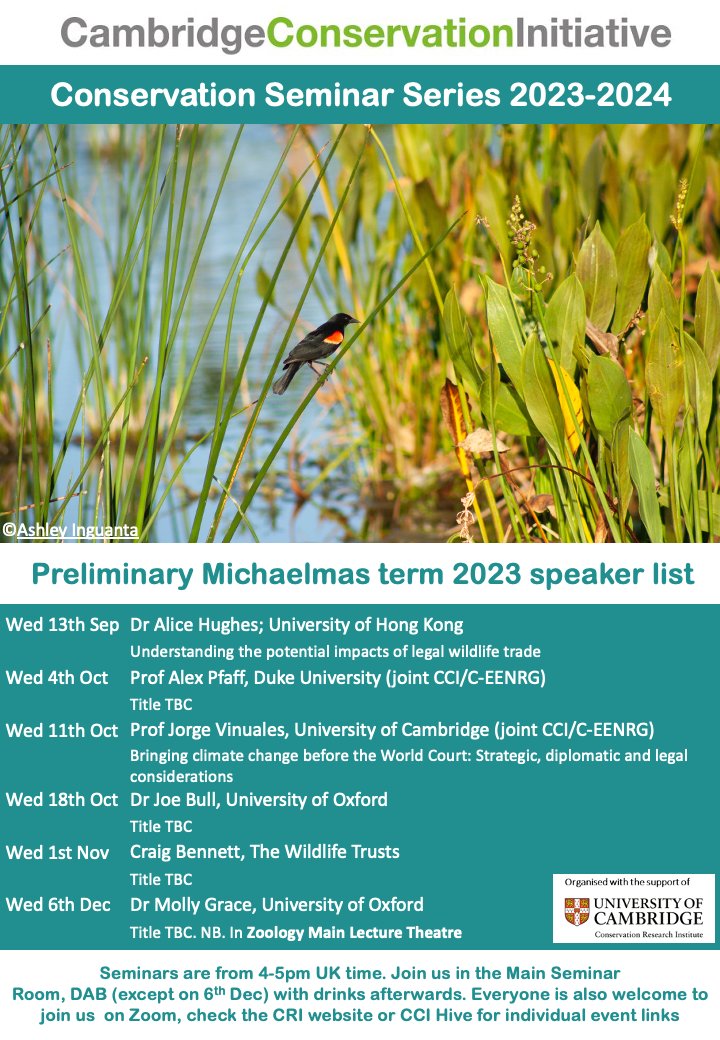 The 2023-2024 CCI Conservation Seminar Series began yesterday with a brilliant seminar by Dr Alice Hughes on 'Understanding the potential impacts of legal wildlife trade'. See the poster of this term's preliminary programme and conservation.cam.ac.uk/events for up-to-date information.