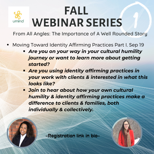 umind_ca's tweet photo. Webinar #1 Moving Toward Identity Affirming Practices Part I runs next Tuesday...sign up now! https://t.co/5U3Y375Vos #cymh #culturalhumility #identityaffirming #culturalsafety #sharemorelearnmoredobetter #youthmentalhealth #childrensmentalhealth https://t.co/LJu1g0wO9q