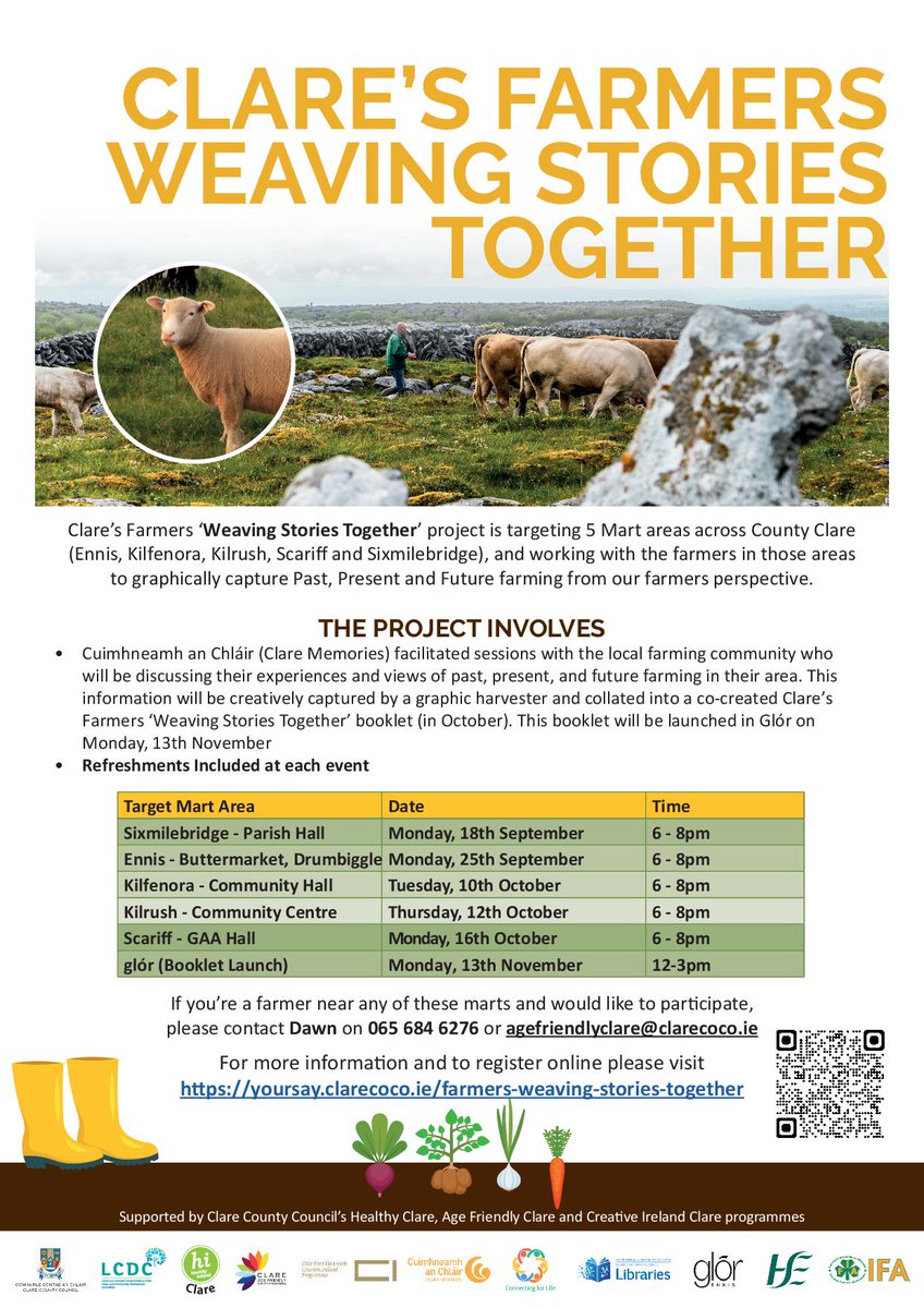 Calling all farmers from #Sixmilebridge, #Ennis, #Kilfenora, #Kilrush & #Scariff to join in a #Creativity project about #FarmingLife in their local area. Starting on Monday, 18th Sept. in Sixmilebridge. For more info visit yoursay.clarecoco.ie/farmers-weavin… Funded by @CreativeIreland