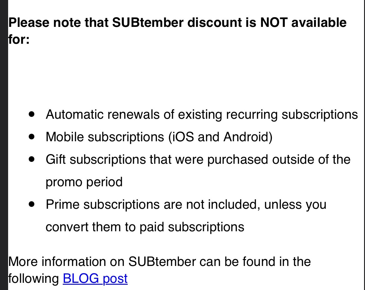 Just a reminder to NEVER auto renew your #twitch subscriptions or else twitch screw you out of its own promotions. I just auto resubed for 6 months mid #SUBtember and daddy bezos pocketed my extra 5 bucks.