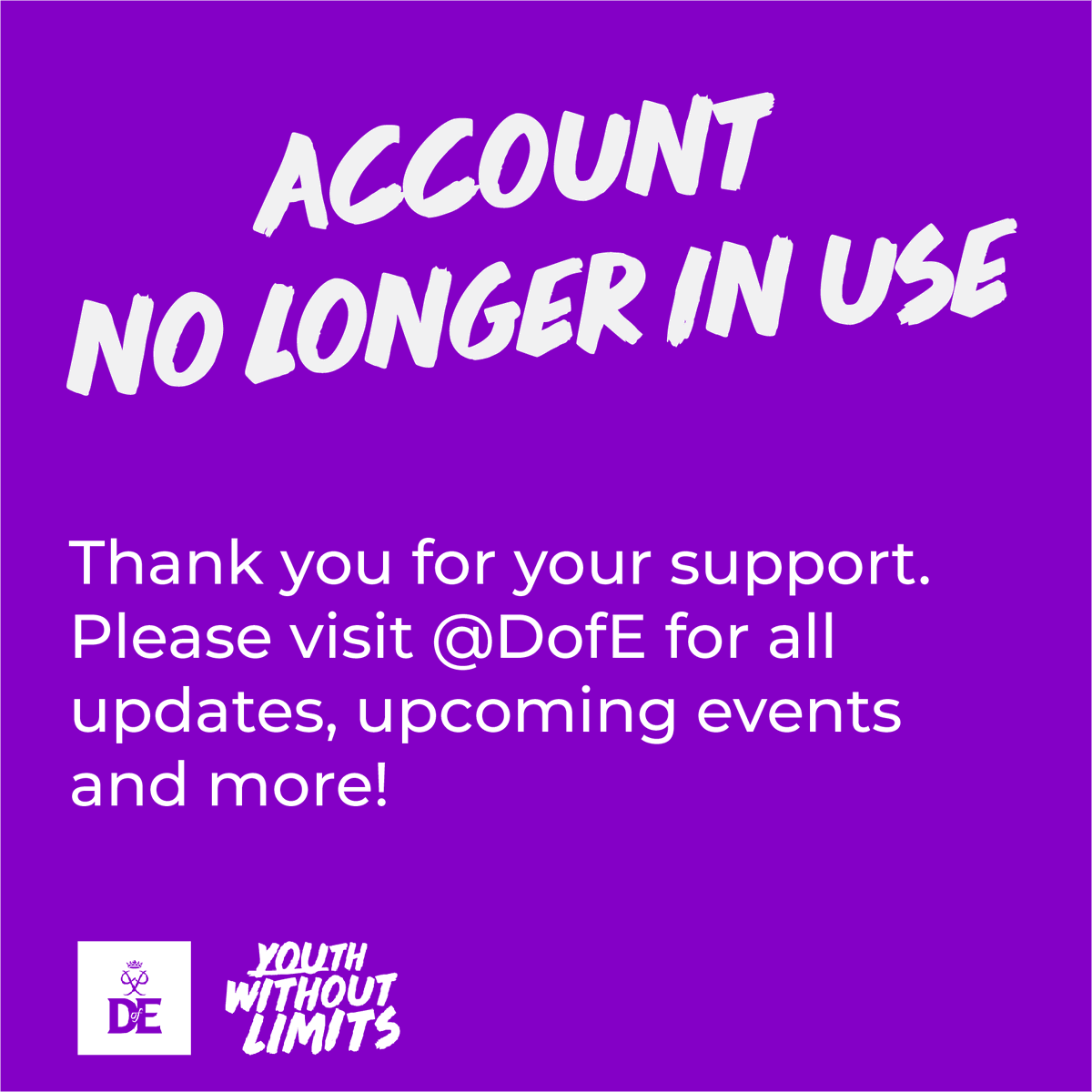 We will no longer be posting from this account. Follow us <a href="/DofE/">The Duke of Edinburgh’s Award</a> to see the latest news and updates. You can also continue to share your amazing #DofE journeys with us with us there.

Thank you for your support. 💜