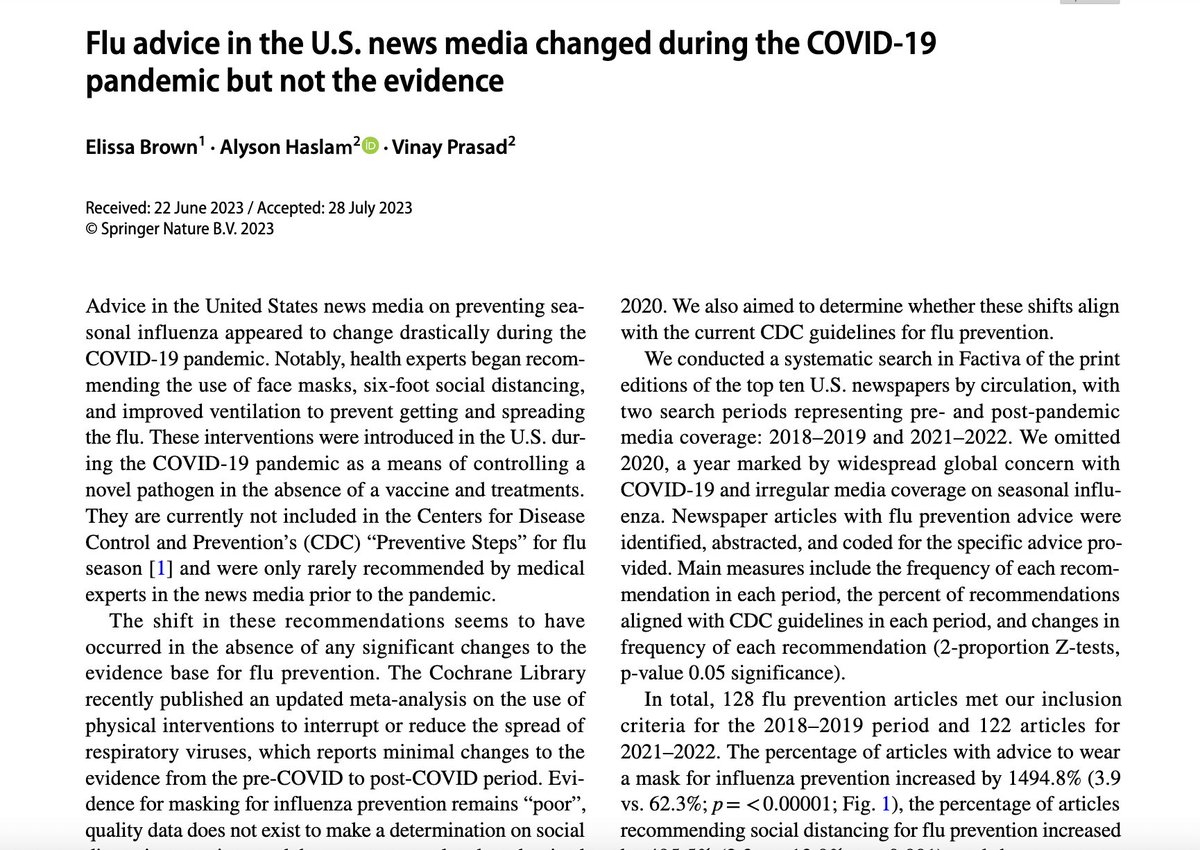 VPrasadMDMPH's tweet photo. Our new paper led by Elissa Brown is out
During the Pandemic Flu advice changed in major Newspapers!
But the evidence did not
Masking and social distancing are now advised, though they never were before
See next tweet for figure
https://t.co/ASvAr2zrok https://t.co/K0RbMSJ6ZS