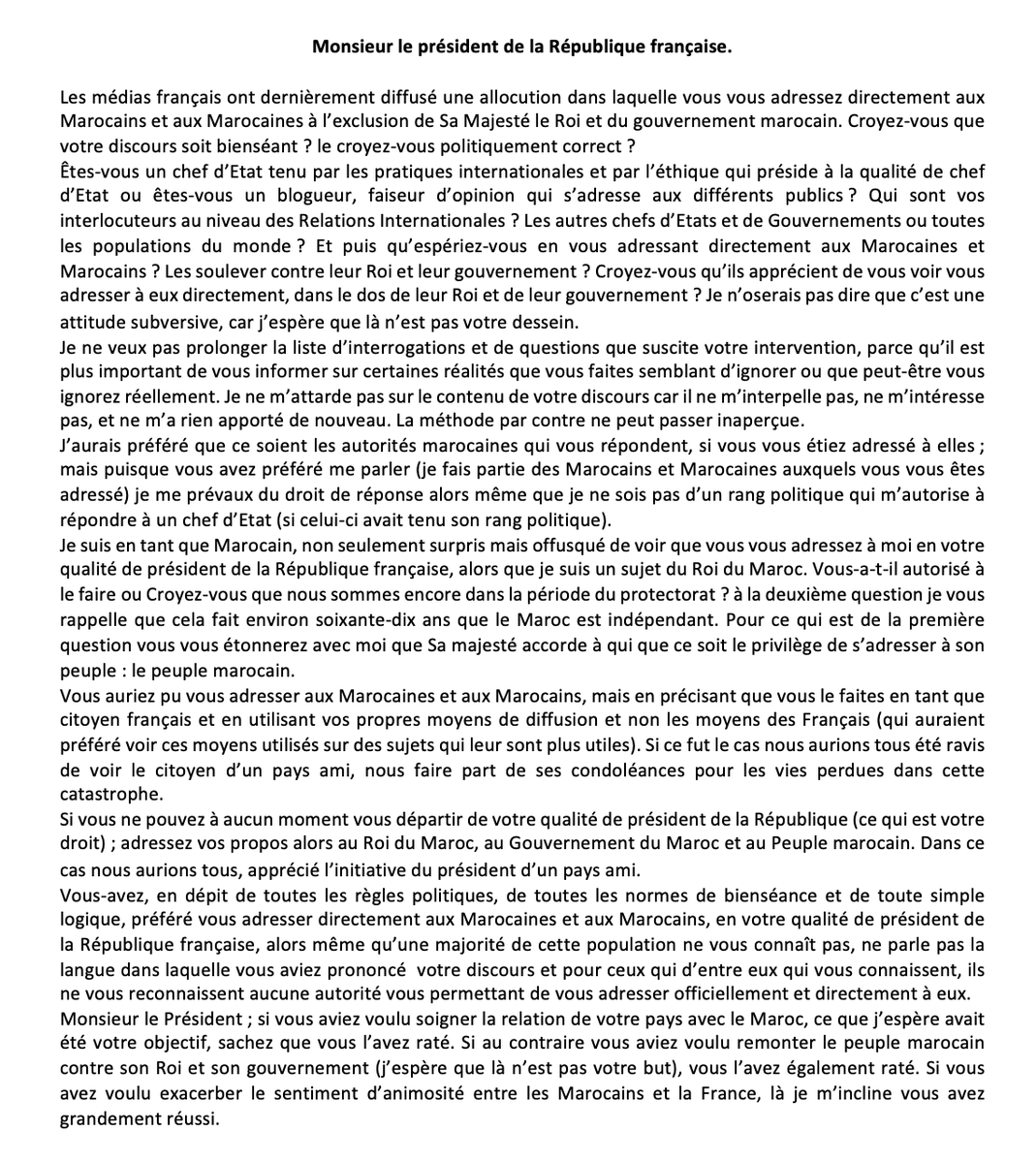 Bassou_Abdelhaq's tweet photo. Monsieur @Emmanuel_Macron président de la #République_Française. Vous vous êtes directement adressé à nous, Marocaines et Marocains, (et donc à moi aussi), comme si nous n'avions pas de Roi et de gouvernement. J'ai jugé impoli de ne pas vous répondre. https://t.co/Iq5ngtkvgd
