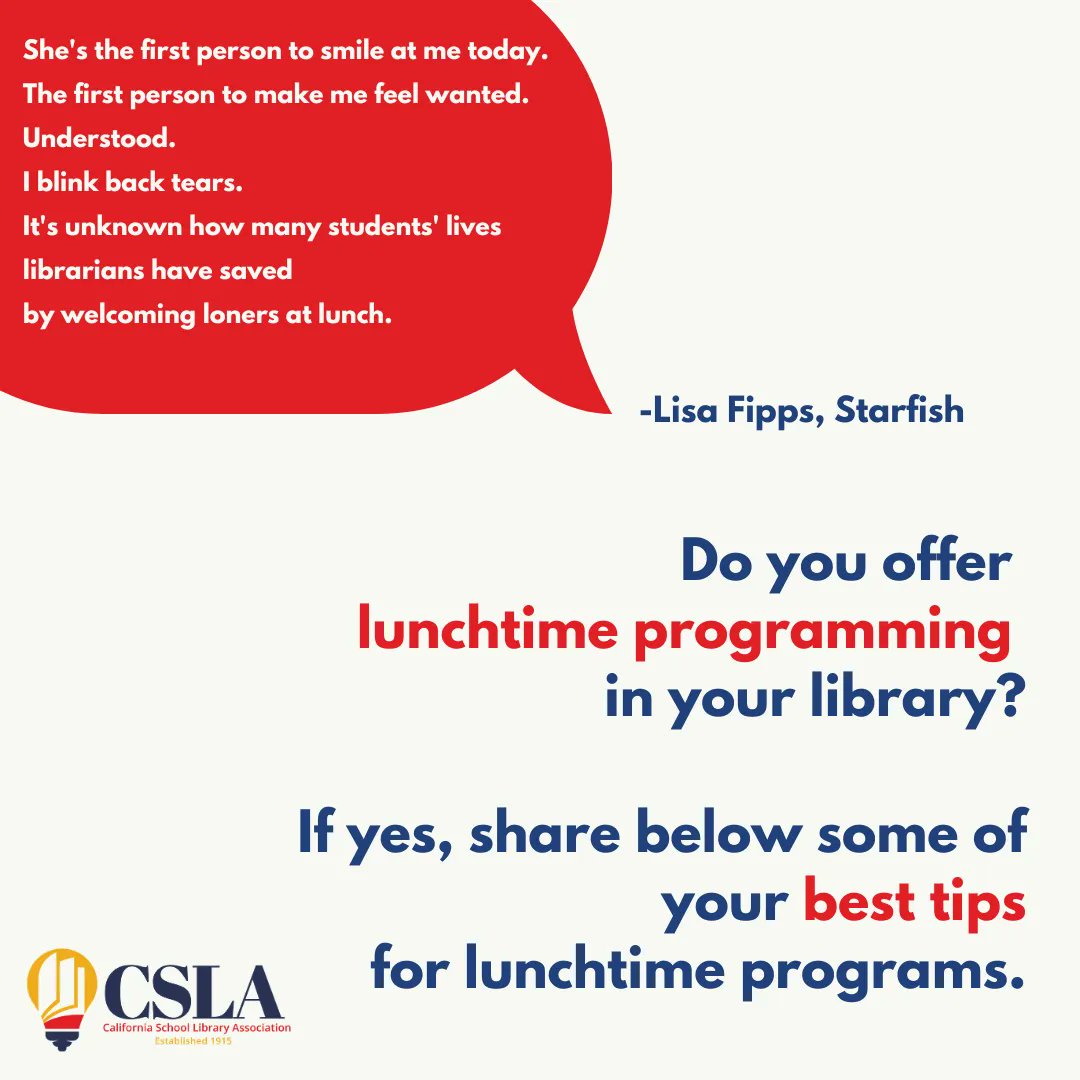 4csla's tweet image. Lunchtime programming can be a lifeline for so many students.
We'd love for you to share some of your best tips for lunchtime programs!
@authorlisafipps
#bettertogether #schoollibrariesmatter #futurereadylibs #californiaschoollibraries #librariansoftwitter