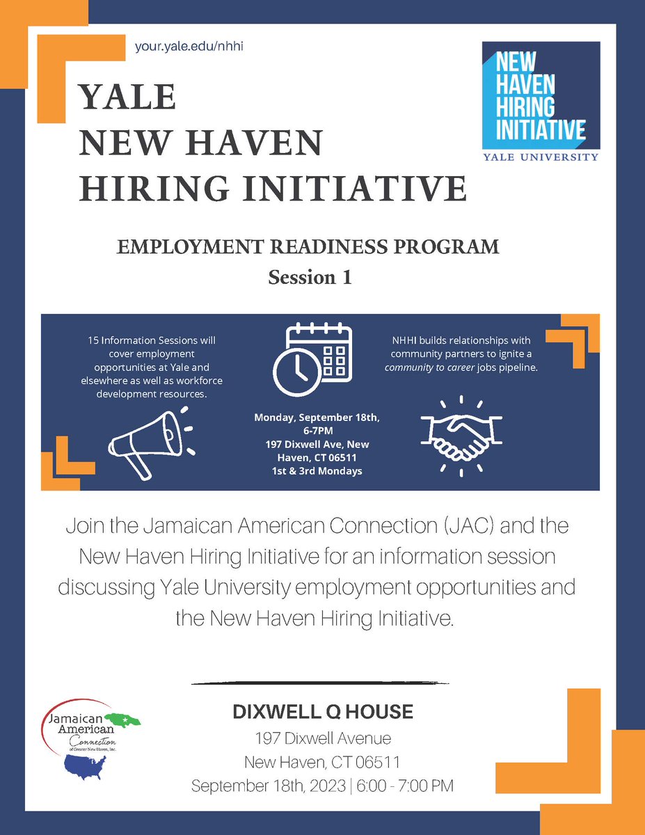UPCOMING EVENT:
Yale New Haven Hiring Initiative
Employment Readiness Program - Session 1

WHEN: 
Monday, September 18th from 6-7 p.m. 

WHERE:
197 Dixwell Avenue, New Haven CT 06511

For more information, please see the image below!

#CTjobs #hiring #employment