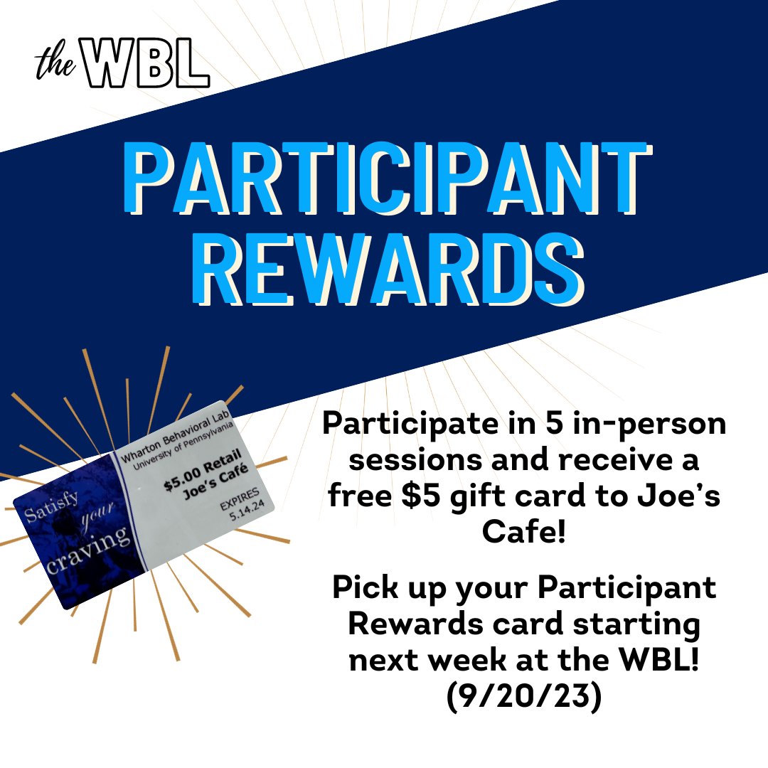 Starting next week on 9/20/23, everyone who comes to the lab will be given a Participant Rewards card! These cards have 5 stars that will be punched after each in-person session. Come to five sessions and receive a $5 gift card to Joe's Cafe!