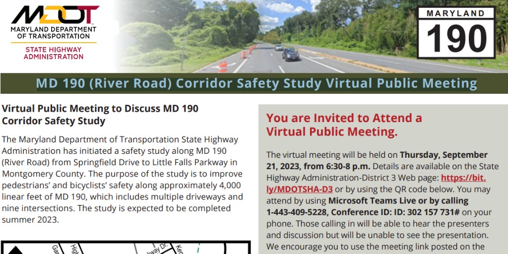 MCDOTNow's tweet photo. 📅Reminder📅
@MDSHA's MD190 (River Road) Corridor Safety Study virtual💻public meeting will be held on Thursday, September 21, 2023, from 6:30pm-8:00pm.
More Details▶️https://t.co/Hfn7IS4t2k
#MDTraffic #montgomerycountymd #virtualmeeting #bethesdamd #potomacmd #safetystudy https://t.co/KEdYxIeYxh