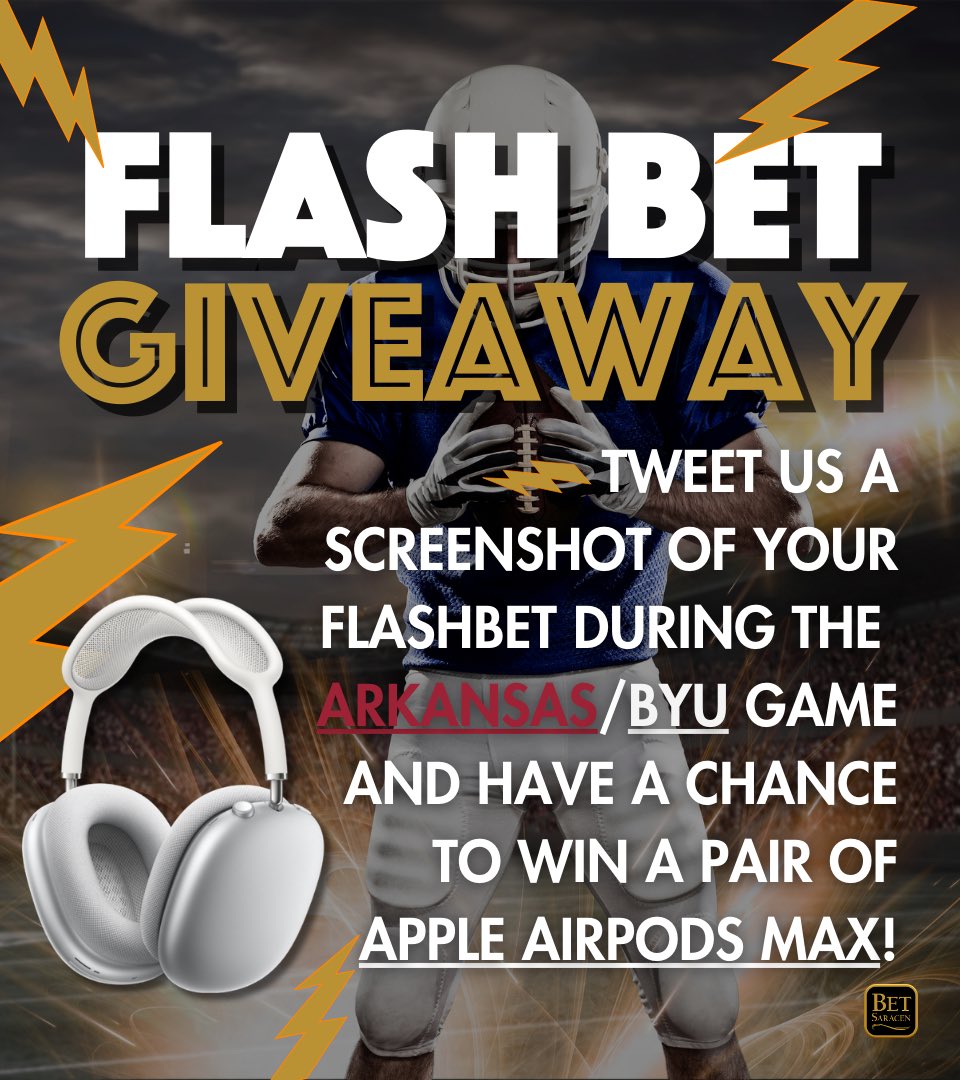 BetSaracen's tweet photo. ⚡️FLASHBET GIVEAWAY⚡️We’re giving away a pair of Apple AirPods Max! All you have to do is tweet us a screenshot of your FlashBet DURING the Arkansas/BYU game on Saturday! Don’t forget to tag @BetSaracen in the tweet! We’ll announce the winner after the game!
🏈 Kickoff is at 6:30PM!