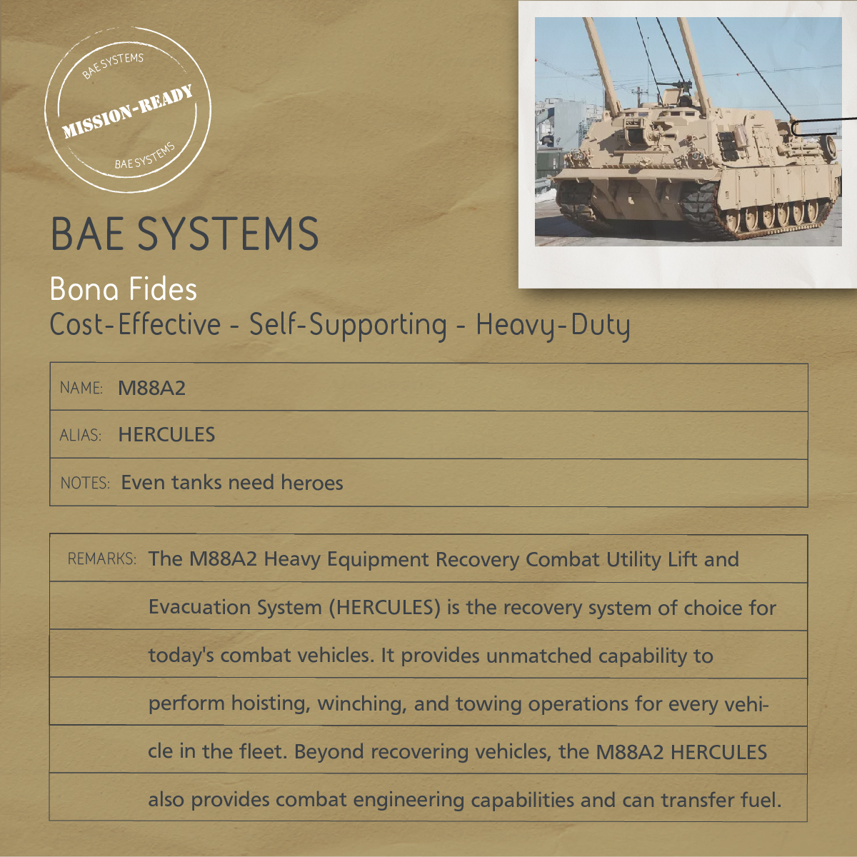 BAESystemsInc's tweet image. The M88A2 HERCULES is a combat-proven, tracked, armored recovery vehicle that performs hoisting, winching, and towing operations for the heaviest combat systems. 

Come visit us at booth H3-110 at #DSEI.

Learn more: baes.co/FGxz50PJvfY

#M88A2 #CombatVehicle
