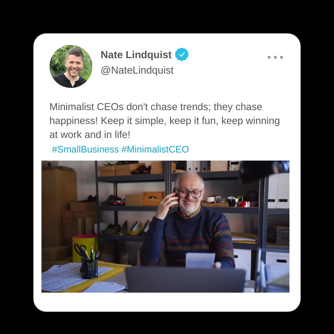 NateLindquist's tweet photo. Embracing the minimalist mindset isn't just about simplifying, it's about finding joy in the journey. Focus on what truly matters, keep it light, and watch success follow naturally. 🌟

https://t.co/ppYAENxPkI

 #MinimalistCEO #SimplicityInSuccess #ScaleYouBusiness #Mindset https://t.co/GfazcuOXMq