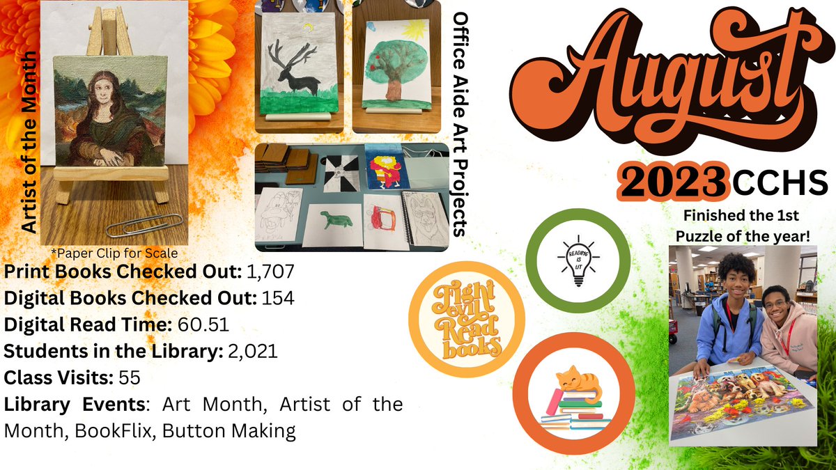 August was such a great month! Here is what happened in the CCHS Library <a href="/CCHSLibrary3/">CCHS Library</a> <a href="/CaneyCreekHS/">Caney Creek High School, Conroe ISD</a> #library #Amazing #reading