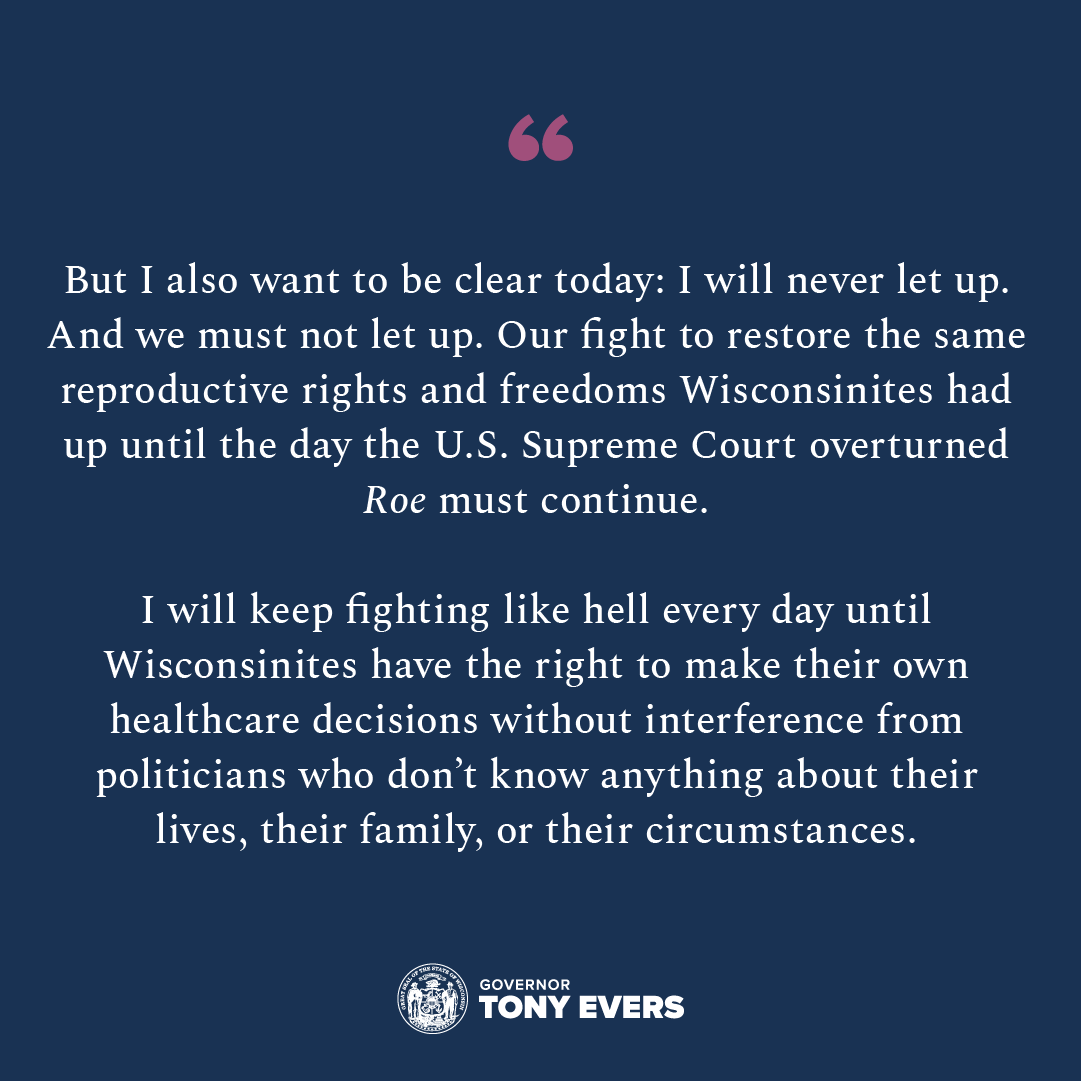Today, Planned Parenthood of Wisconsin announced they're resuming abortion care in Wisconsin.

This is great news, but our fight to restore the same reproductive freedoms Wisconsinites had up until the day #SCOTUS overturned #Roe must continue. My full statement ⬇️