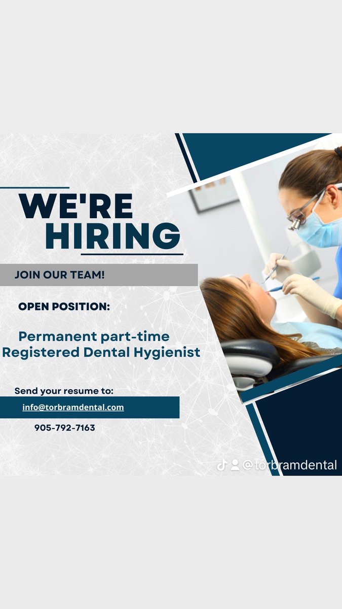 TorbramDental's tweet photo. Hiring!
Looking for a RDH for permanent Part time position to work Mondays, Tuesdays and Alternating Sat’s.  If you are interested or know anyone that would be interested, please send your resume to simrit@torbramdental.com https://t.co/BcHChyK3SS