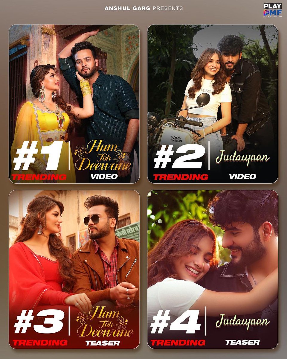 '🚀Taking over the YouTube music charts! 🎶 Hum Toh Deewane at #1, Judaiyaan at #2, Hum Toh Deewane teaser at #3, and Judaiyaan teaser at #4 on YouTube! 🔥 #TrendingHits

📌Go watch them all on @playdmfofficial YouTube channel

#HumTohDeewane #Judaiyaan #Trending #YoutubeTrending