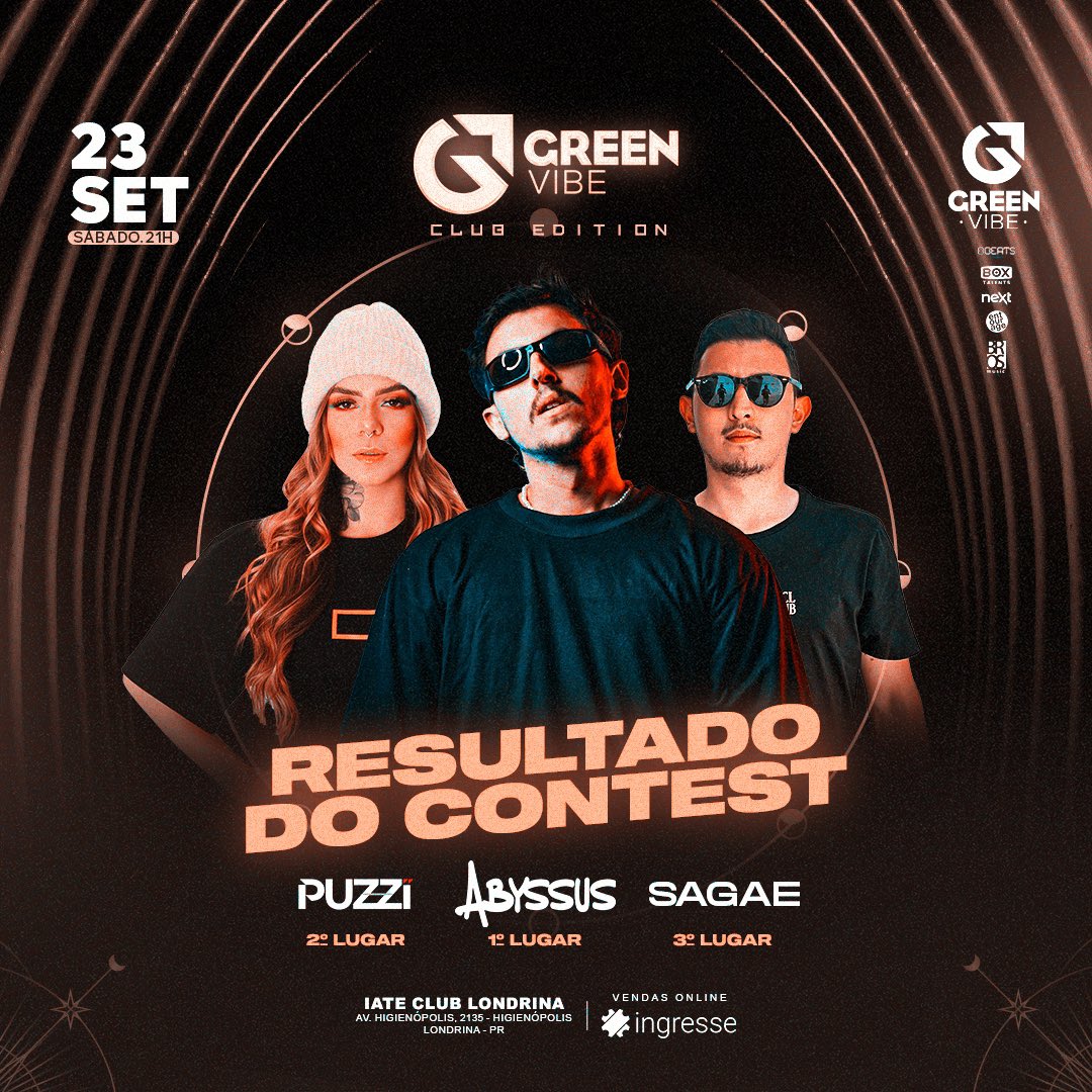NucleoGreenVibe's tweet photo. Chegou a tão esperada hora de anunciar, oficialmente, como ficou nosso Dj Contest! 

Parabéns Abyssus você foi grande vencedor e irá fazer warm up do nosso encontro dia 23!

E o nosso muito obrigado também para Puzzi e Sagae vocês iram comandar a pista do after oficial da GV. https://t.co/eFcq5cWVsF