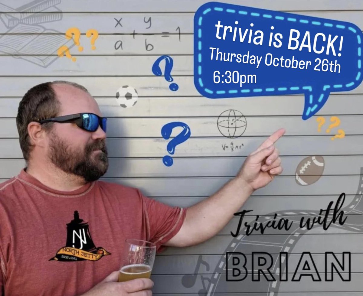 We are so thrilled to have Brian back for another season of Trivia  FUN  &amp; knowledge!! Join us, on October 26th, the theme-is Knock Off The Dust! 

The fun starts at 6:30 PM. $2.00 per person per round, teams of up to 6 people, win cash and prizes! No drink minimum, 21 and over.