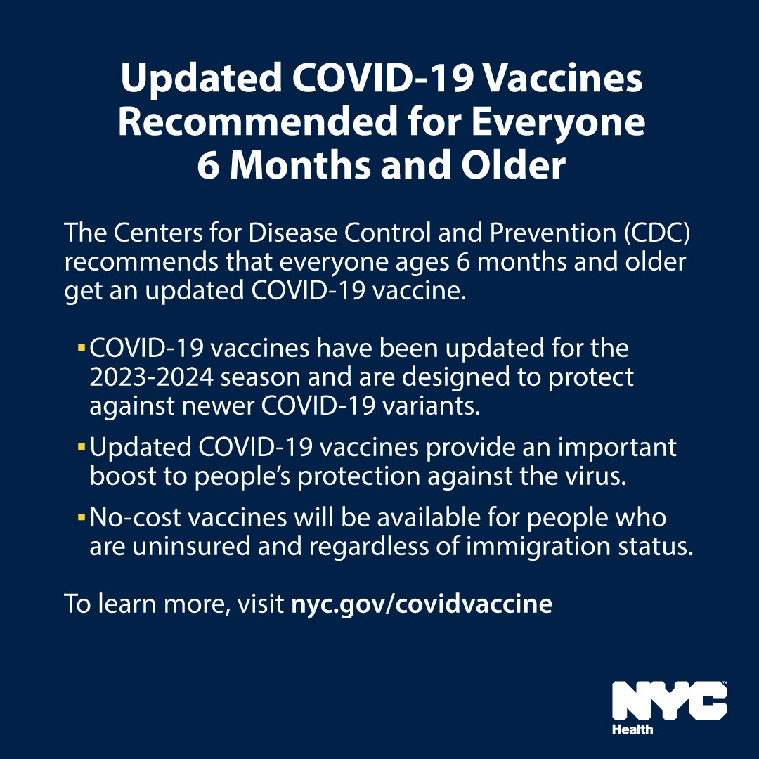 nycHealthy's tweet image. ✨ NEW ✨ Updated COVID-19 vaccines will be available in NYC within a few days. Everyone ages 6 months and older should get an updated COVID-19 vaccine. Learn more: nyc.gov/covidvaccine