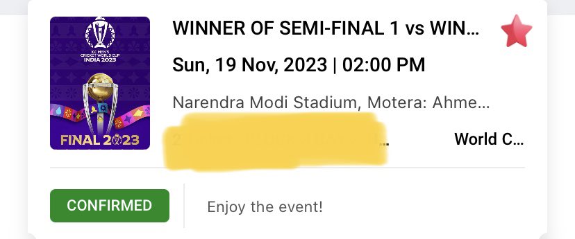 imsmajmudar's tweet photo. CWC final it is.. Not a scam when you manage to get it 🎉 #MastercardPresale https://t.co/1YjFpjuCg9