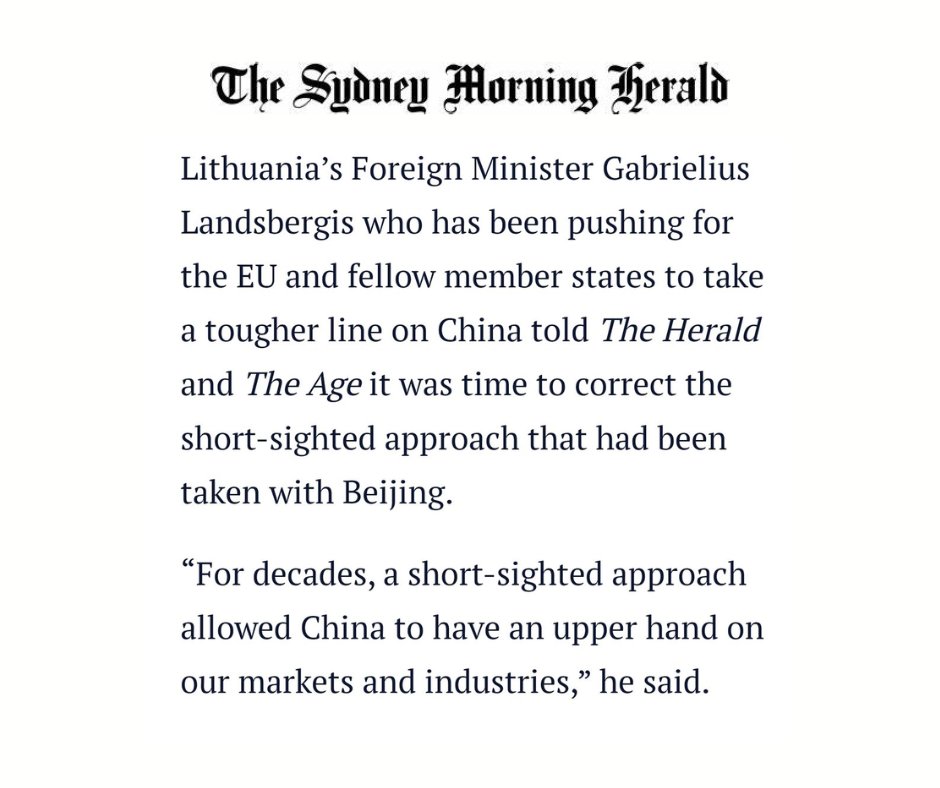 FM @GLandsbergis, in the comment for Australian @smh, expresses support for new measures to protect the #EU market: 'I welcome @vonderleyen's timely decision to launch an anti-subsidy investigation into electric vehicles coming from #China and a firm stance on de-risking.' 🇪🇺