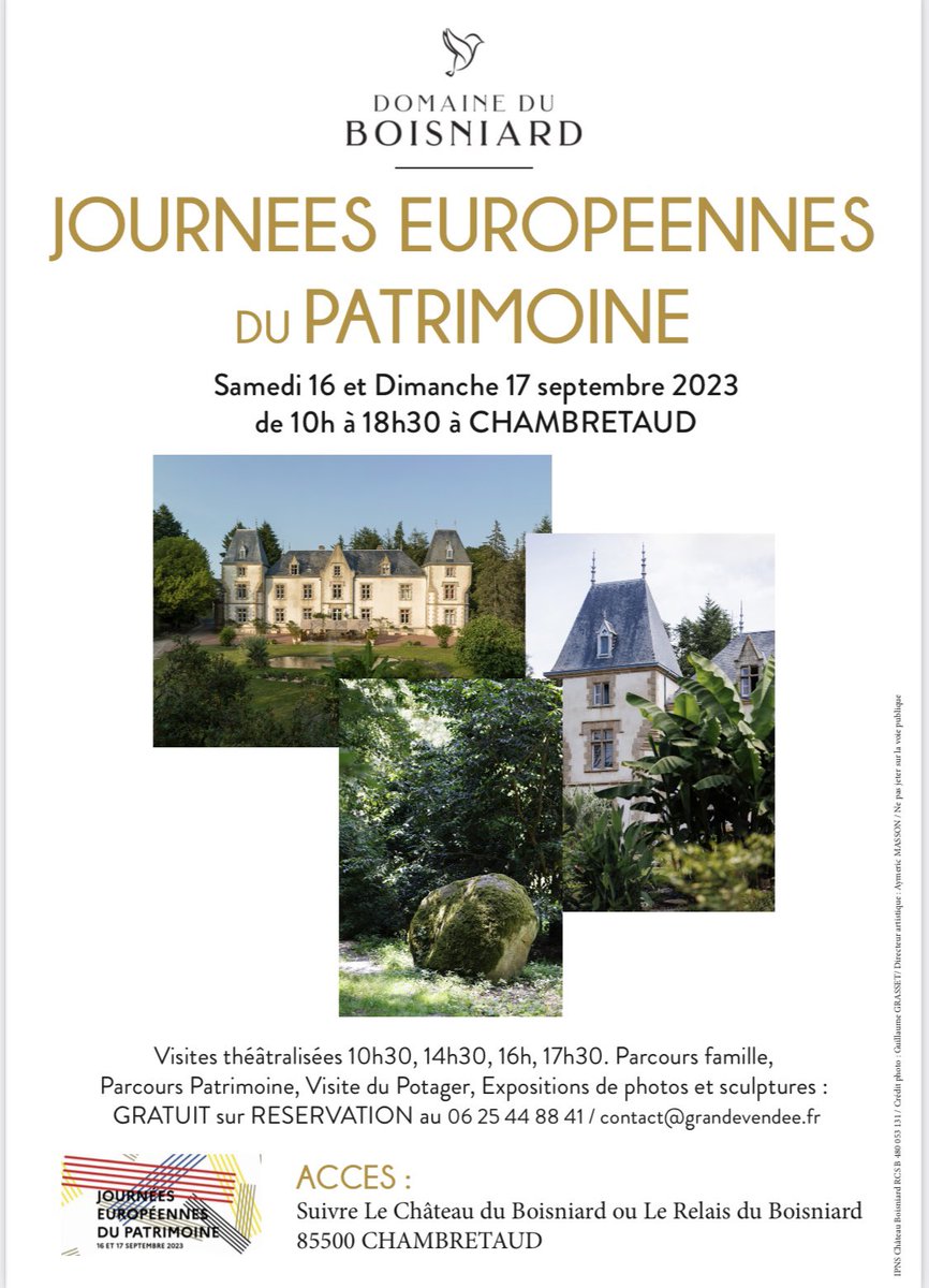 Journées du Patrimoine <a href="/JEP/">Journéesdupatrimoine</a> samedi+dimanche prochain au Domaine du <a href="/boisniard/">Château-Boisniard</a> Visite guidée à 10h30, 14h30, 16h, 17h30. Entrée gratuite sur réservation par tél 0625448841 ou contact@grandevendee.fr
Expo photos Eddy Rivière.
Expo sculptures Christian Champin.