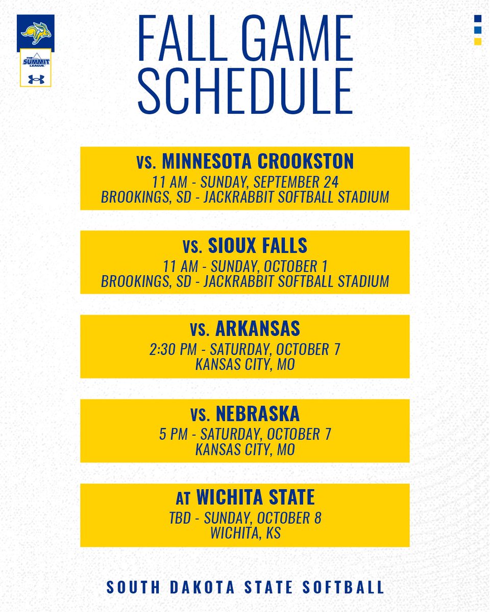 Look at that 👀 we’ve got some competition this fall!

We’ll be at Jackrabbit 🥎 Stadium back-to-back Sundays before traveling south for a couple matchups. #GoJacks 🐰