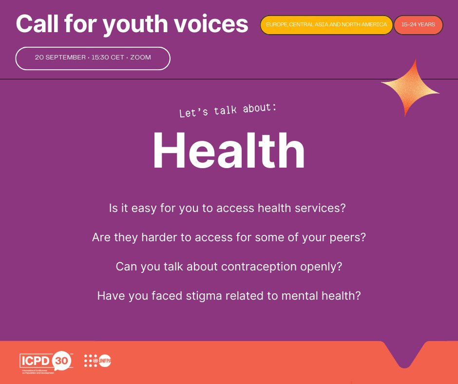 Young people, let’s talk about health! 🗣

Calling for participants to share their insights and experiences on topics like sexual &amp; reproductive health, HIV, and mental health. Your voices will help lead the way towards #ICPD30.

Registration 👉 bit.ly/EECA_YouthHeal…