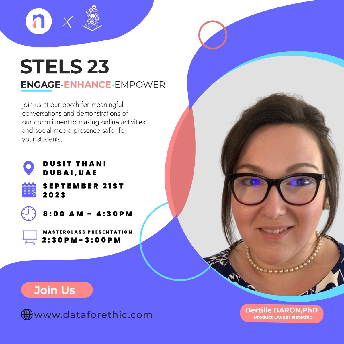 netethic_'s tweet photo. We are delighted to announce that Netethic will be present at Smart Education! 
Date: 21st September
Location: DUSIT THANI DUBAI, UAE
Join us for an exciting day dedicated to educational innovation and how new technologies are transforming the way we learn and teach. https://t.co/gCB5XYERZZ