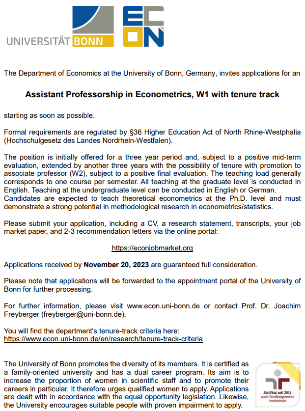 📢 We are hiring! 
Assistant Professorship (W1) in Econometrics (with Tenure Track)

We are searching for candidates interested in doing methodological research in econometrics and/or statistics. 

uni-bonn.de/de/universitae…

Pls RT🙏 #Econtwitter #statstwitter #AcademicTwitter