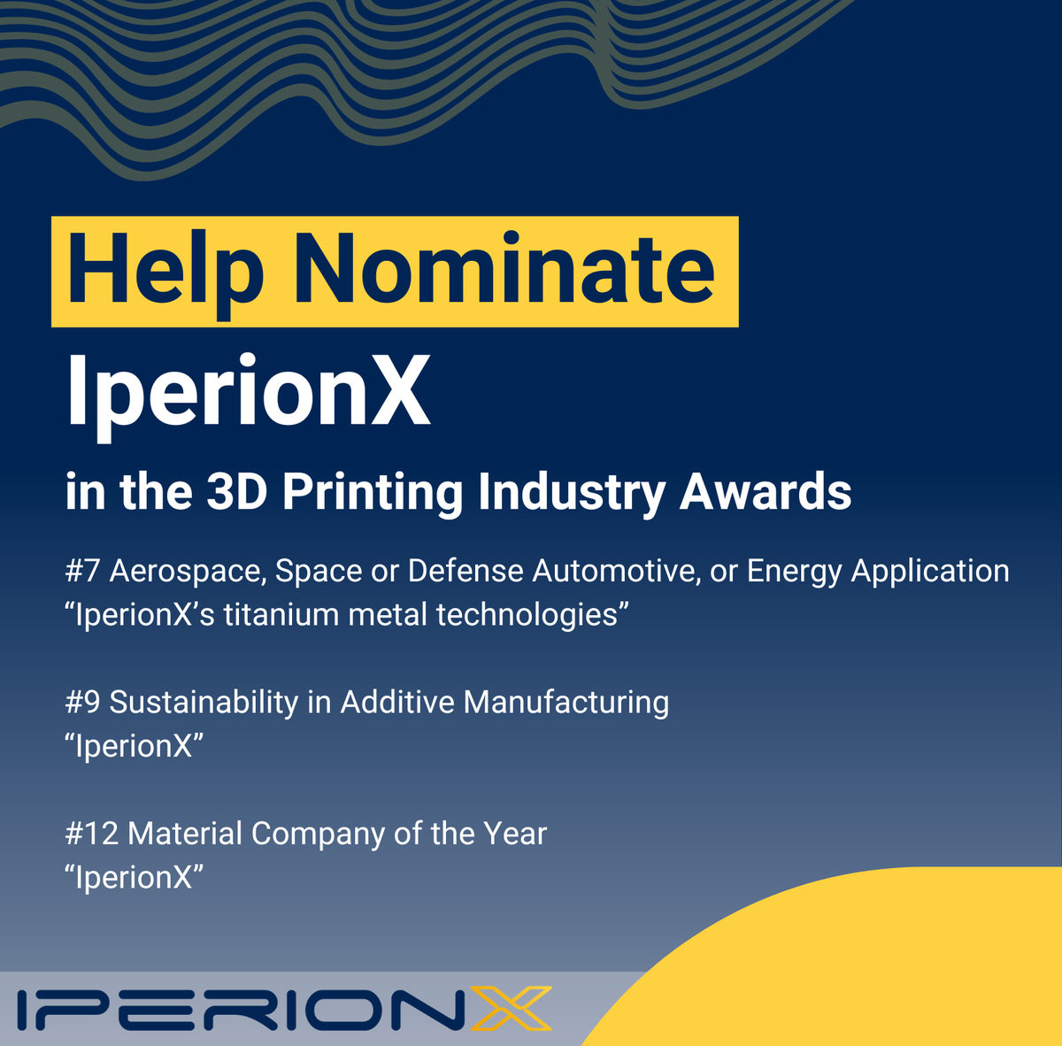 iperionx's tweet photo. .@iperionX needs your help being nominated for the @3dprintindustry Awards! Visit https://t.co/Fq8grto9UL before nominations close on October 13. Thank you for your support!
#3Dprinting #3DPI #3DPIawards https://t.co/H0soXlkMdM