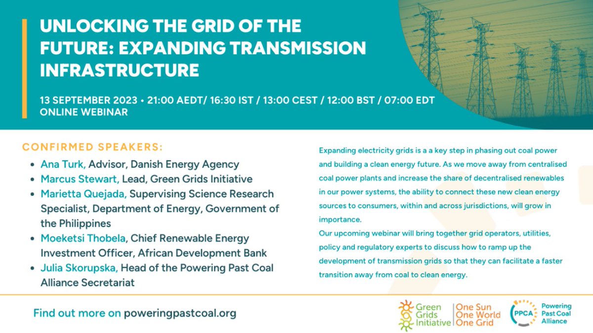 Pembina's tweet photo. 🌱 Expanding power grids reduces emissions, boosts economic development, and enhances energy security. Join @PastCoal @GreenGrids @Energistyr & more on September 13th to learn how to transition grids from #CoalToClean. Register now: https://t.co/oxlPX01VMj https://t.co/XL67KXgzJA