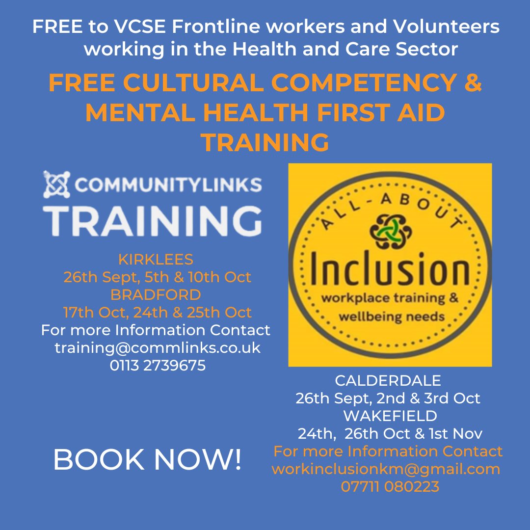 BOOK NOW! ⤵️ forms.office.com/e/Ji3Eztey8L If you are a VCSE Frontline Worker or a Health and Care Sector volunteer, you do not want to miss this! Free Cultural Competency and Mental Health First Aid Training. See below for further details!