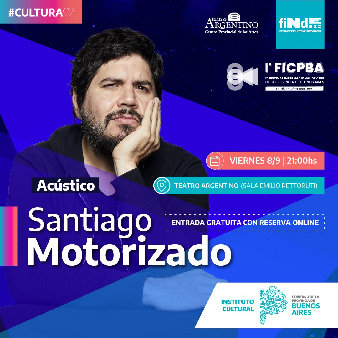 CulturaPBA's tweet photo. 📣 Santiago Motorizado se presenta en el Teatro Argentino

El imperdible acústico del cantante y líder de Él Mató a un policía motorizado llega al Festival Internacional de Cine de la Provincia de Buenos Aires el 8 de septiembre a las 21.00 h. https://t.co/eTx4pLM3Gc