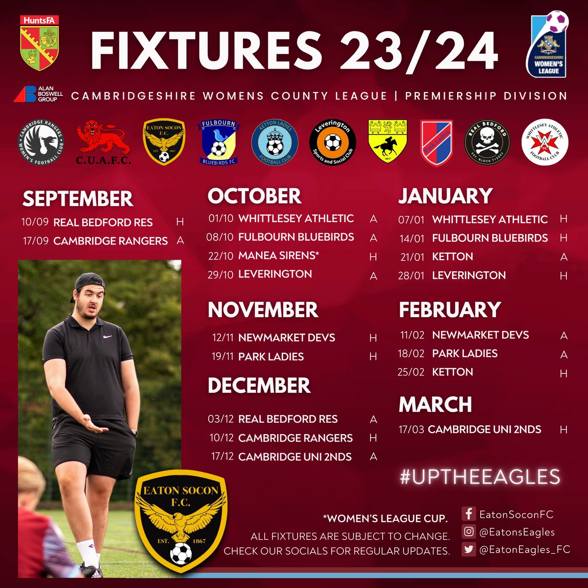 𝗙𝗜𝗫𝗧𝗨𝗥𝗘𝗦 𝟮𝟯/𝟮𝟰.

This is how we line up for the season ahead. Our first match is this Sunday at home!

Please be warned all fixtures are subject to change. Check our socials for regular updates!  

#UpTheEagles 🦅

#alanboswellgroup @cambswgleague