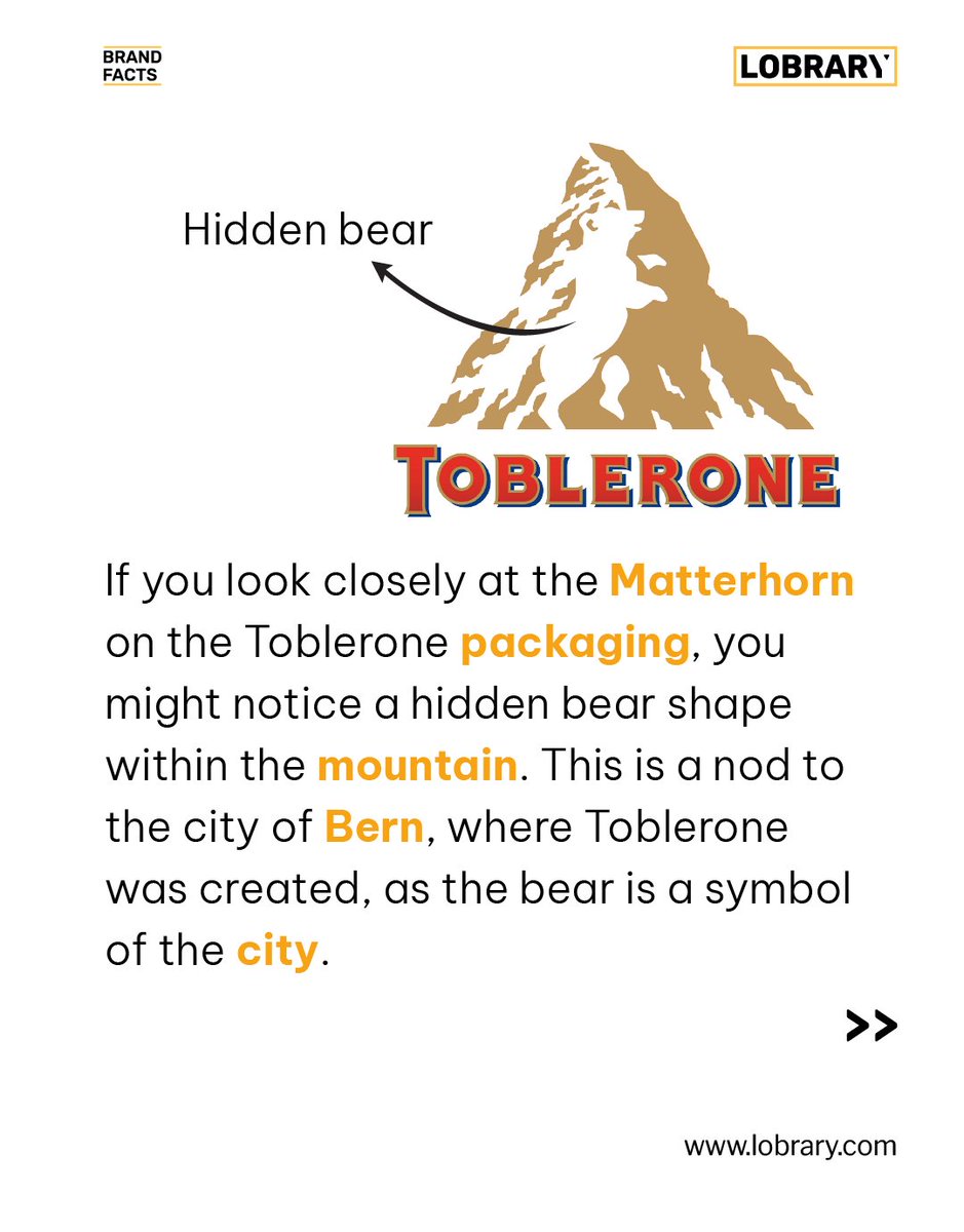 Lobrary_'s tweet photo. Toblerone is not only popular in Switzerland but is enjoyed by chocolate lovers around the world. It's a common souvenir for tourists visiting Switzerland.
#lobrary #brandfacts #brands #toblerone #chocolate #facts #swissmade #libraryofbrands #eat #hidden https://t.co/PwJwAU5hco