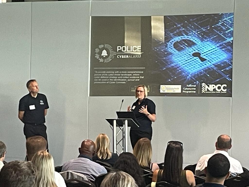 PolCyberAlarm's tweet photo. Members of the PCA Team are presenting to organisations today about the benefits and successes of PCA at the NPCC National Cybercrime Business Conference in partnership with the SASIG. 
#cyberresilience #cybercrime #businessrisk https://t.co/dfmEVWaYs4