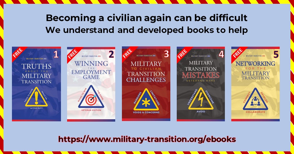 Free #militarytransition books
military-transition.org/ebooks
1. TRUTHS
2. WINNING
3. CHALLENGES
4. MISTAKES
5. NETWORKING
#VeteranAdvice #VetRoadMap #missiontransition #VetResources #VeteranSupport #HireMilitary #HOHFellows #V2I #DD214 #SoldierForLife #USArmySFL #military