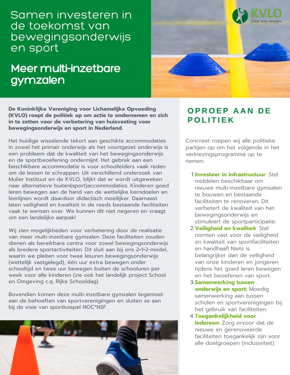 De KVLO doet een dringende oproep aan de Nederlandse politiek om zich in te zetten voor de verbetering van de huisvesting bewegingsonderwijs en sportfaciliteiten in ons land. 
kvlo.nl/nieuws/artikel…

#gymzalen #huisvesting #bewegingsonderwijs #sportinfrastructuur #verkiezingen