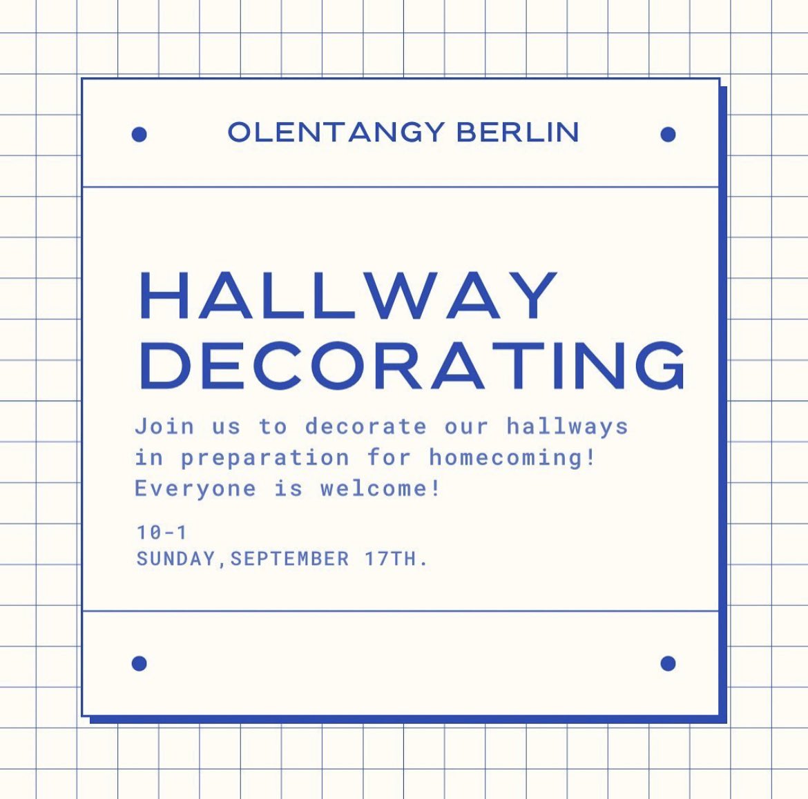 Join us on Sunday, September 17th to decorate our hallways for homecoming!!! It is from 10-1 and EVERYONE IS WELCOME!!!! Feel free to bring any supplies from home.🩵💙🐻
THEMES:
Freshman - winter
Sophomores - spring
Juniors - autumn
Seniors - summer. <a href="/OBHSstudentC/">Olentangy Berlin Student Council</a> <a href="/Todd_spinner/">OlentangyBerlinBears</a>
