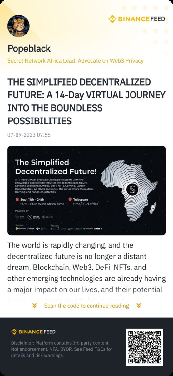 SCRTAfrica's tweet photo. Ready to dive into The Simplified Decentralized Future?

Check out the first Article written by @Penggking on The Simplified Decentralized Future is a 14-days Virtual Journey into The Boundless Possibilities!

Check out the content on Binance Feed 👉
https://t.co/aErJGYZvAc https://t.co/VTXG3pXgZx
