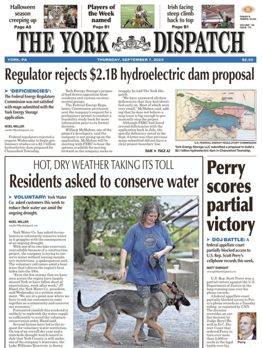 wjmckelvey's tweet photo. Pick up today's @YorkDispatch for great reporting from @Matthew_Enright with the latest in the battle over @RepScottPerry's cell phone, @TheNoelM on @FERC's rejection of a dam proposal and so much more.

Online here: https://t.co/etLhZndPXf

And here: https://t.co/Fh7rmrDP9c https://t.co/l8h2GA6x0L