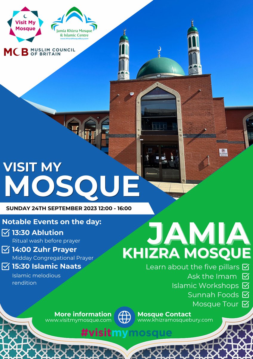 JKMBury's tweet photo. Come #VisitMyMosque on Sunday 24th September 12pm-4pm

Parker Street, Bury, BL9 0RJ https://t.co/L7Evn5ySAV